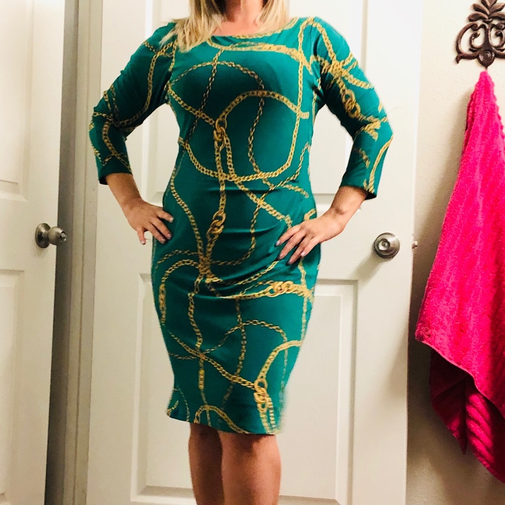 Ralph Lauren Green and Gold Chain Stretch Dress